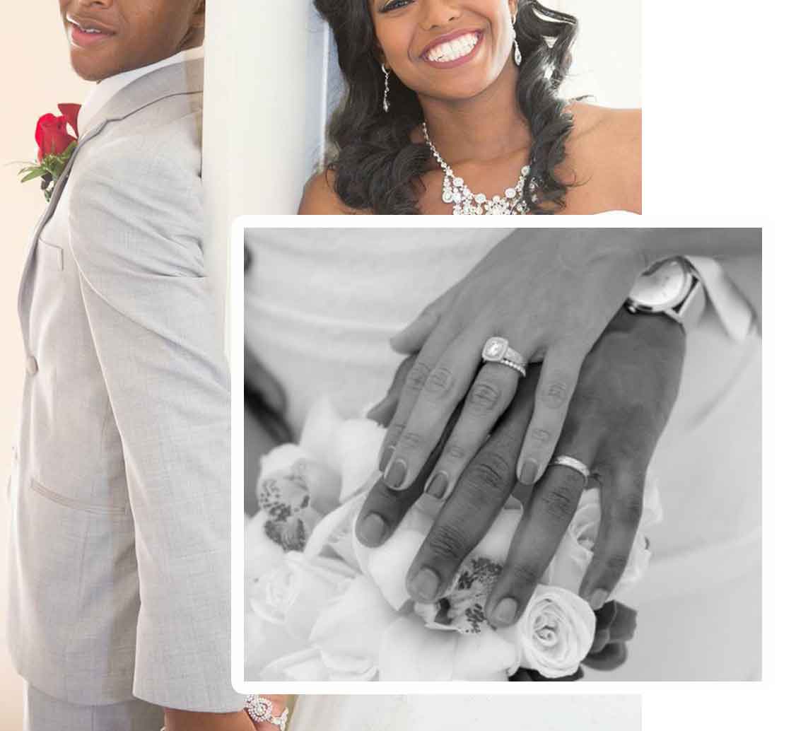 A collage featuring a wedding couple on the homepage. The top left shows a smiling bride and groom, the groom holding a red rose. The inset black-and-white photo focuses on their hands displaying wedding bands