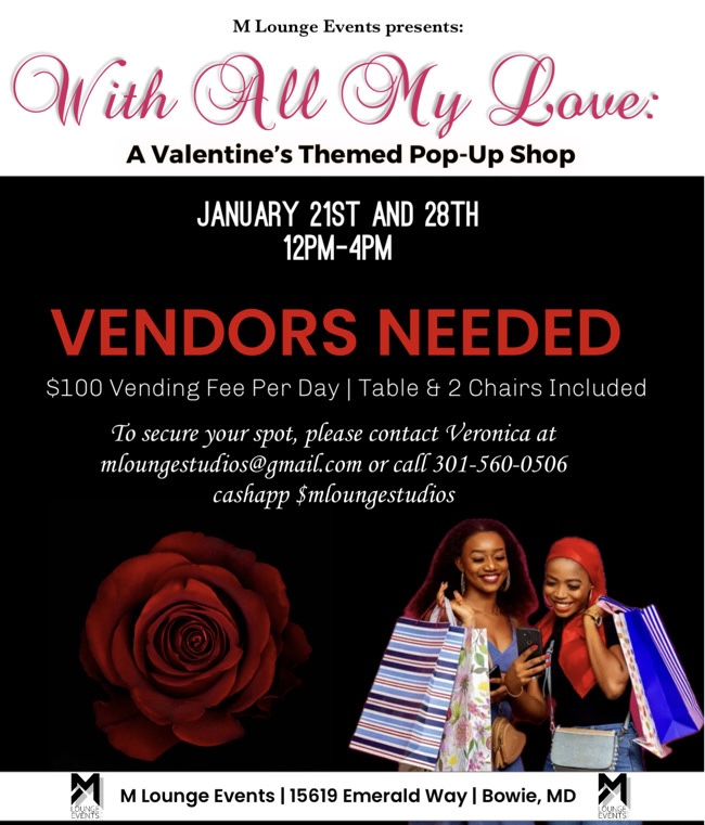 Promotional flyer for "With All My Love: A Valentine’s themed pop-up shop" managed by our expert event management team on January 21st, listing vendor details with an image of two women