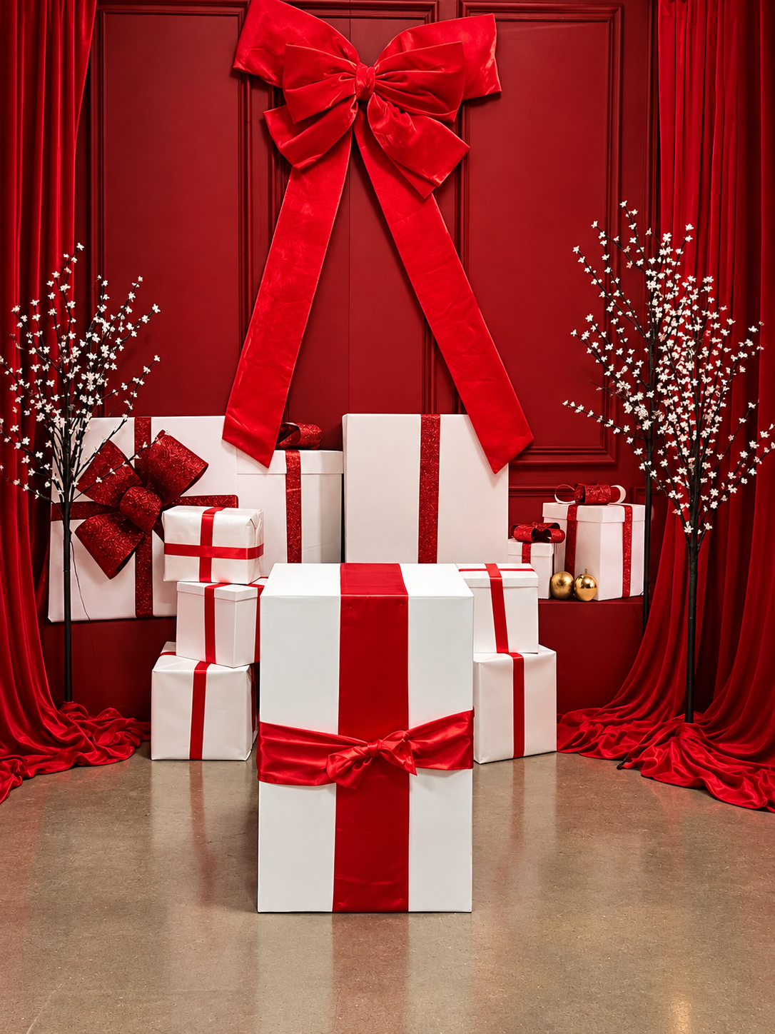 A collection of white gift boxes with red ribbons and bows arranged in front of a red wall decorated with a large red bow and red curtains.