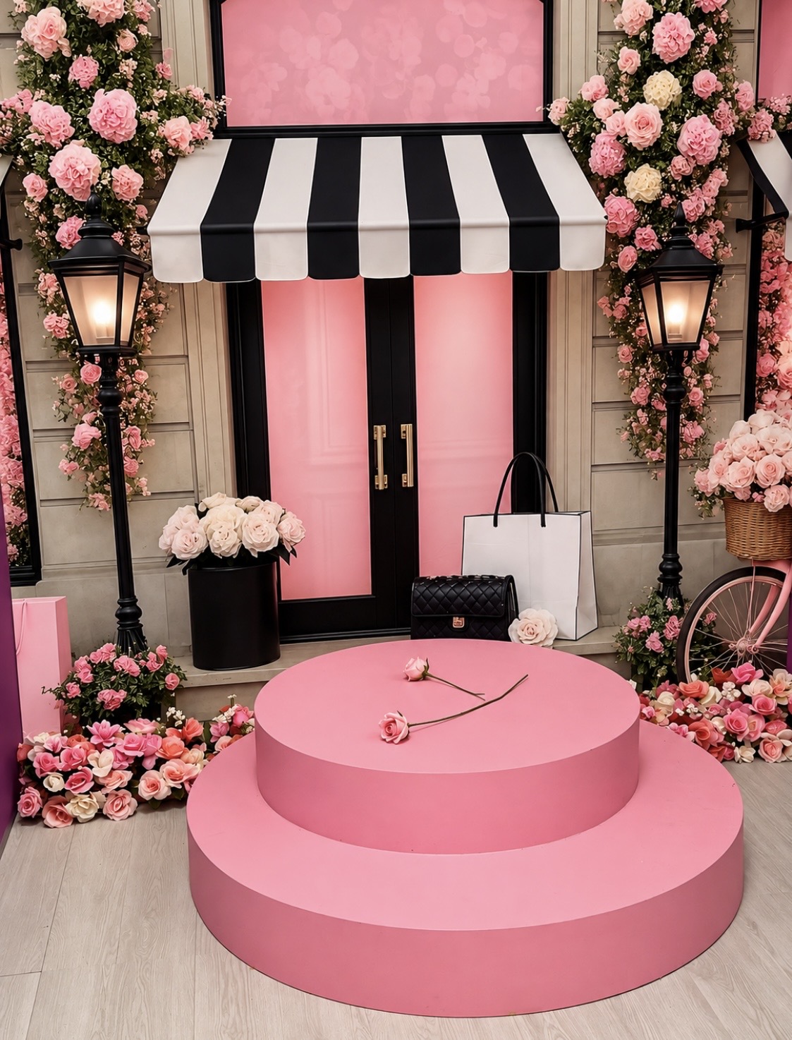 A pink circular display platform with two roses sits in front of a storefront decorated with pink flowers, black-and-white striped awnings, street lamps, and designer handbags.